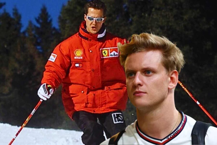 Michael Schumacher scia in montagna, in primo piano suo figlio Mick